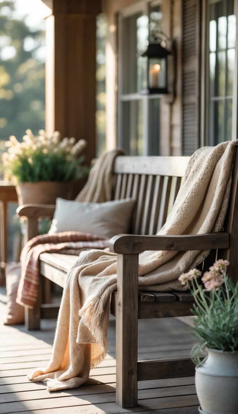 A rustic wooden bench on a porch with soft blankets draped over it and plants nearby.