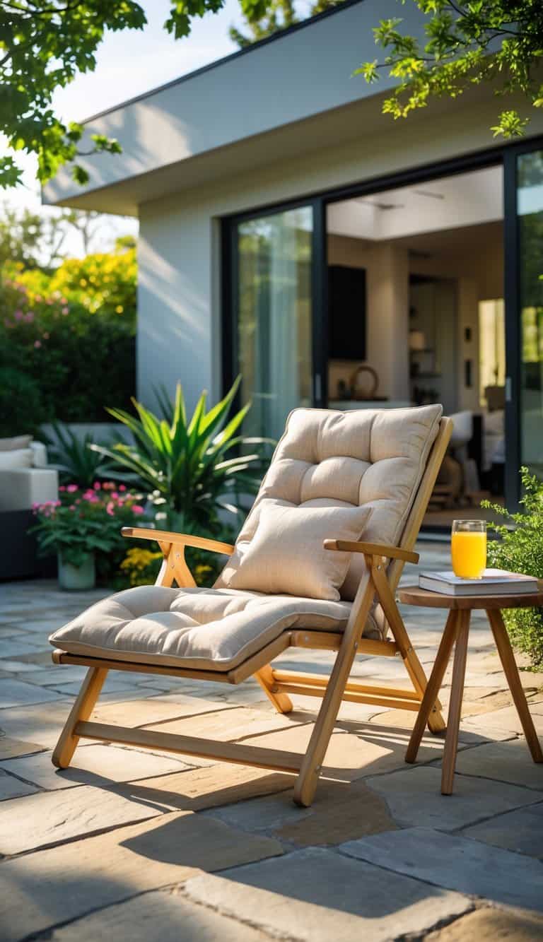 An outdoor foldable lounge chair on a patio surrounded by plants and flowers with a small side table holding a drink and a book.