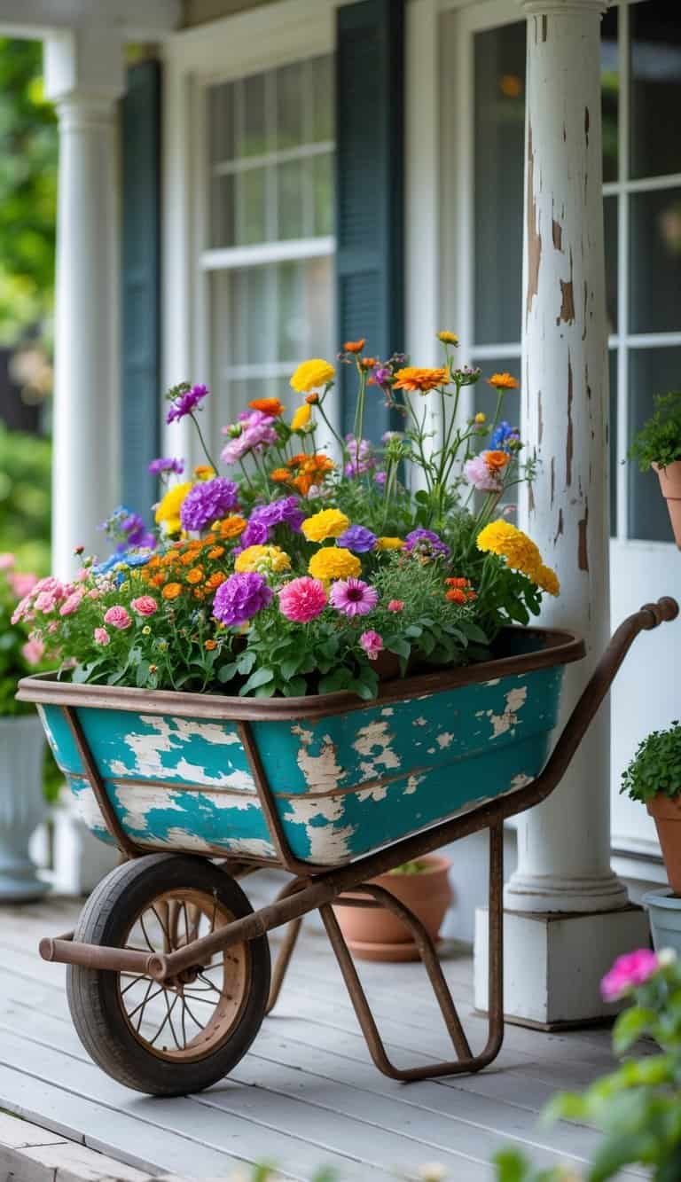 A weathered wheelbarrow filled with colorful flowers sitting on a front porch.