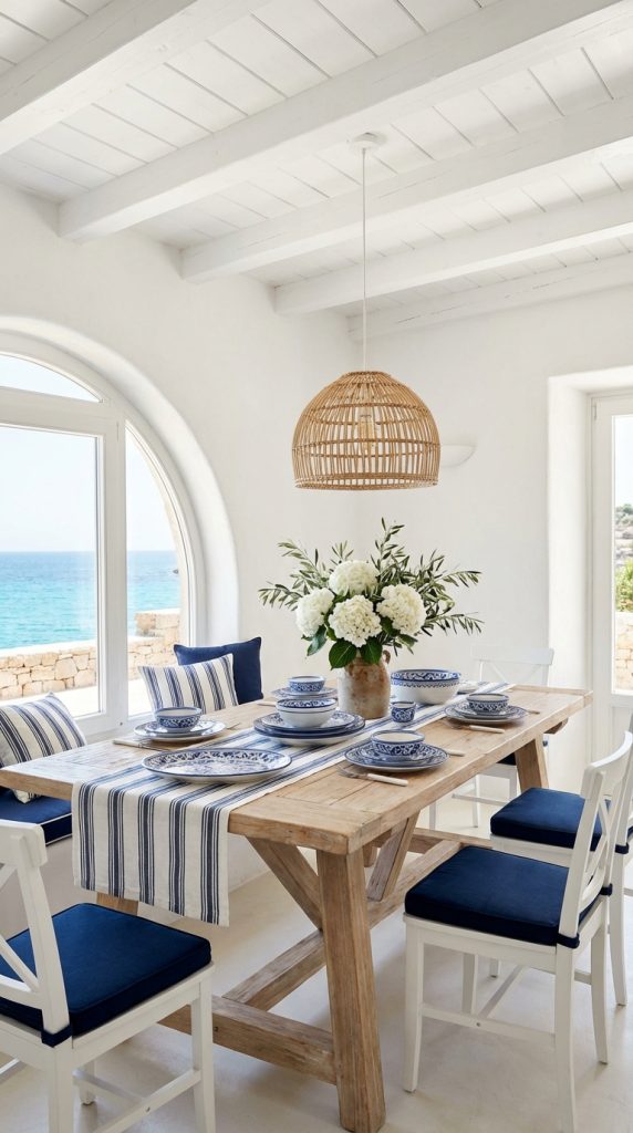 Mediterranean dining room idea with white exposed ceiling beams, arched window overlooking the sea, rustic wood trestle table, blue and white tableware, and woven rattan pendant light.