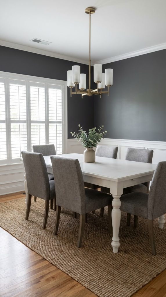 Transitional Dining Room Idea featuring charcoal gray walls, white wainscoting, painted wood dining table with turned legs, gray upholstered chairs, jute rug, brass chandelier with frosted glass shades, and oak hardwood floors.