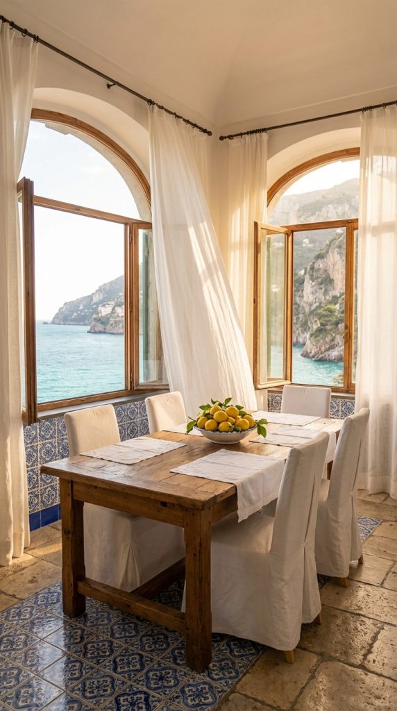 Mediterranean dining room idea featuring open arched windows, ocean view, timber dining table, white covered chairs, and blue patterned ceramic tiles.