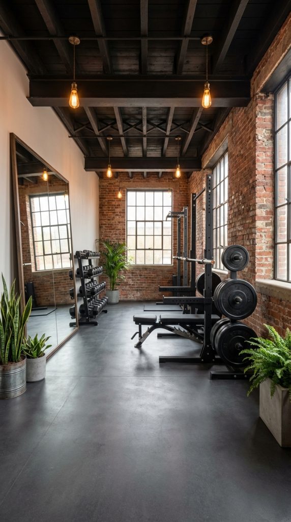Industrial loft home gym decor idea with exposed brick walls, black ceiling beams, Edison lights, squat rack, and wall-length mirror.