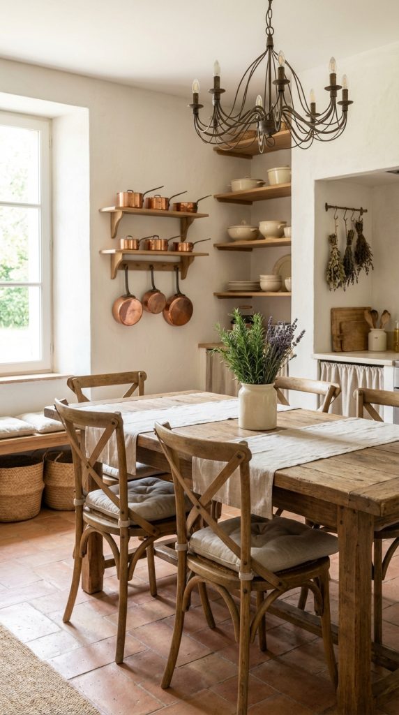 French country dining room idea featuring reclaimed wood dining table, cross-back chairs, copper cookware display, plaster walls, and open wooden shelves.