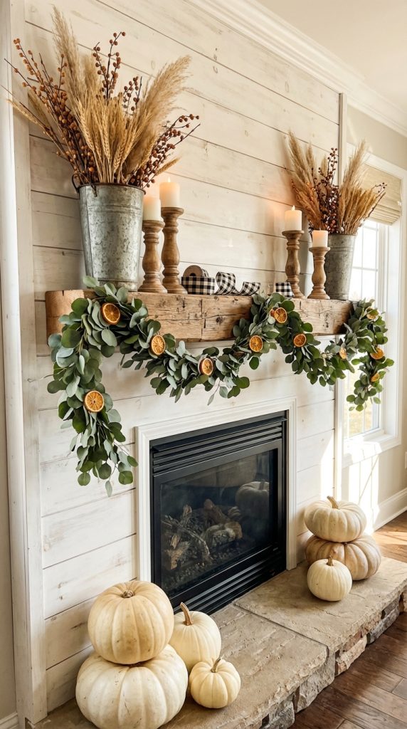 Thanksgiving mantel styling idea showcasing a farmhouse shiplap fireplace, reclaimed mantel, metal buckets with dried wheat, eucalyptus and orange garland, and ivory pumpkins on a stone hearth.