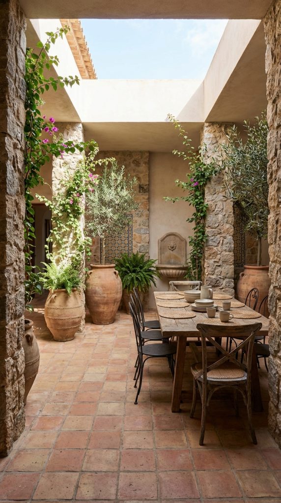 Mediterranean dining room idea with stone columns, terracotta tile floor, clay urns, rustic wood table, courtyard opening above, and climbing greenery.
