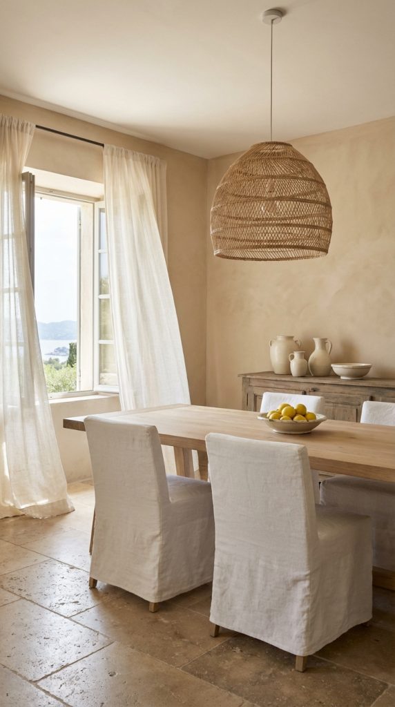 French country dining room idea with linen slipcovered chairs, light wood dining table, woven rattan pendant light, stone tile floor, and rustic sideboard.