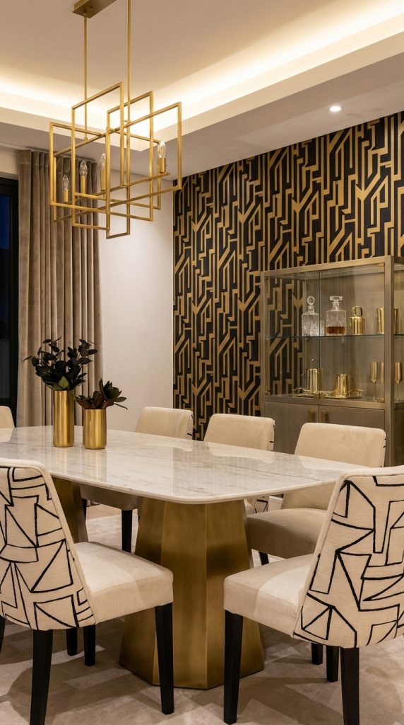 Geometric luxe dining room featuring glam dining room idea with gold chandelier, marble table, patterned chairs, and black and gold accent wall.