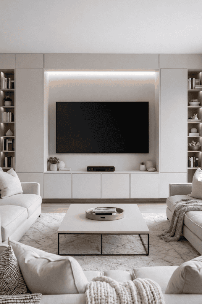 A modern living room featuring a large wall-mounted television, light-colored cabinetry, and built-in shelves displaying books and decorative items. The room has two stylish sofas, a coffee table with a light wooden tray, and a textured rug underfoot, creating a cozy atmosphere.