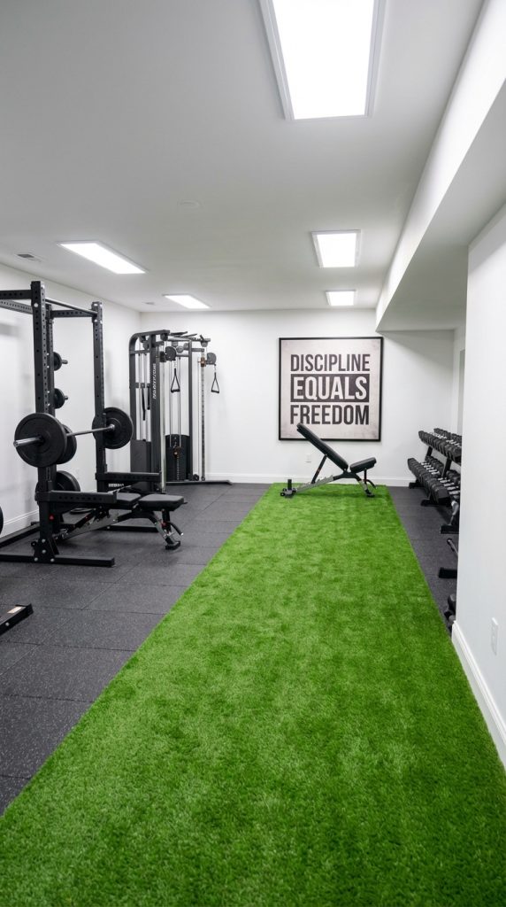 Structured home gym decor idea featuring green turf strip, squat rack, dumbbells, adjustable bench, and motivational wall art.