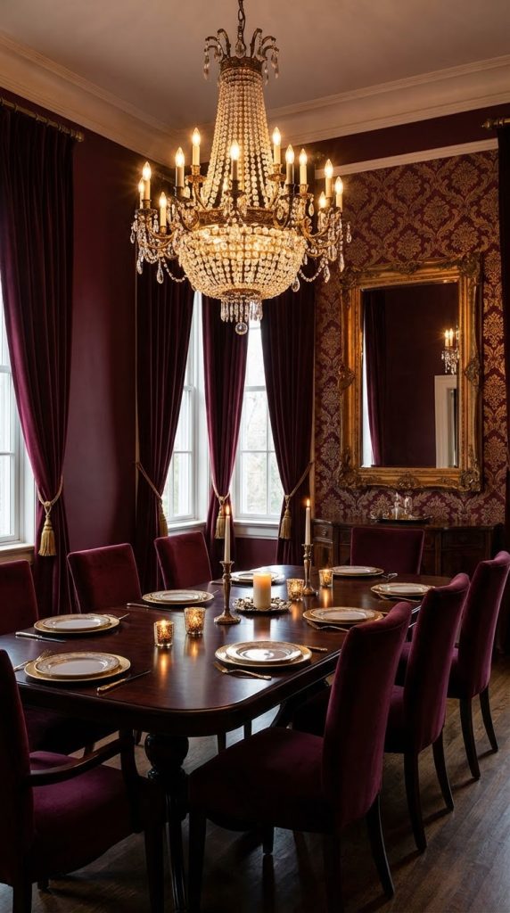 A moody dining room idea showcasing wine-colored walls, damask wallpaper, polished mahogany table, crystal chandelier, velvet drapes, gold-framed mirror, and candlelit table setting.