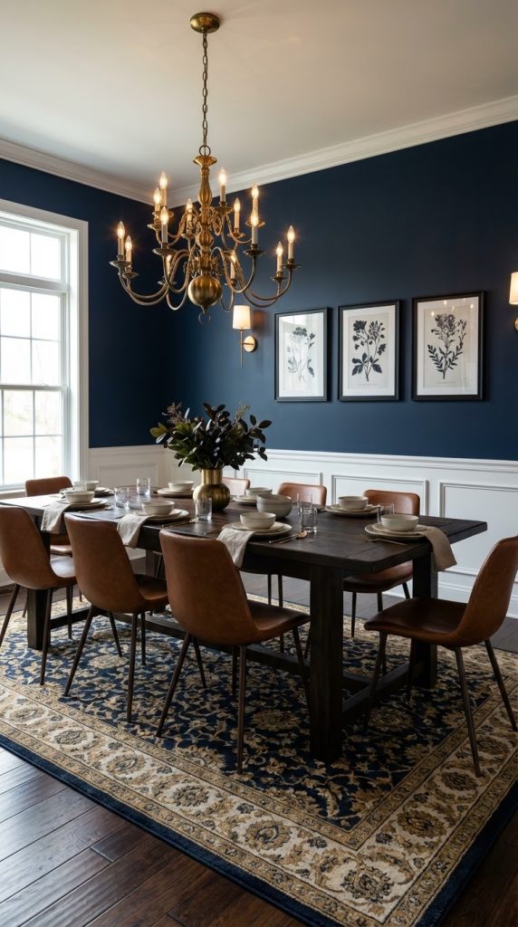 Moody dining room idea styled with navy painted walls, white wainscoting, dark solid wood dining table, cognac leather chairs, brass chandelier, Persian-style rug, and botanical wall art.
