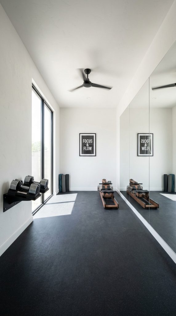 Monochrome home gym decor idea featuring mirrored wall, black ceiling fan, wall-mounted dumbbells, reformer equipment, and dark rubber flooring.