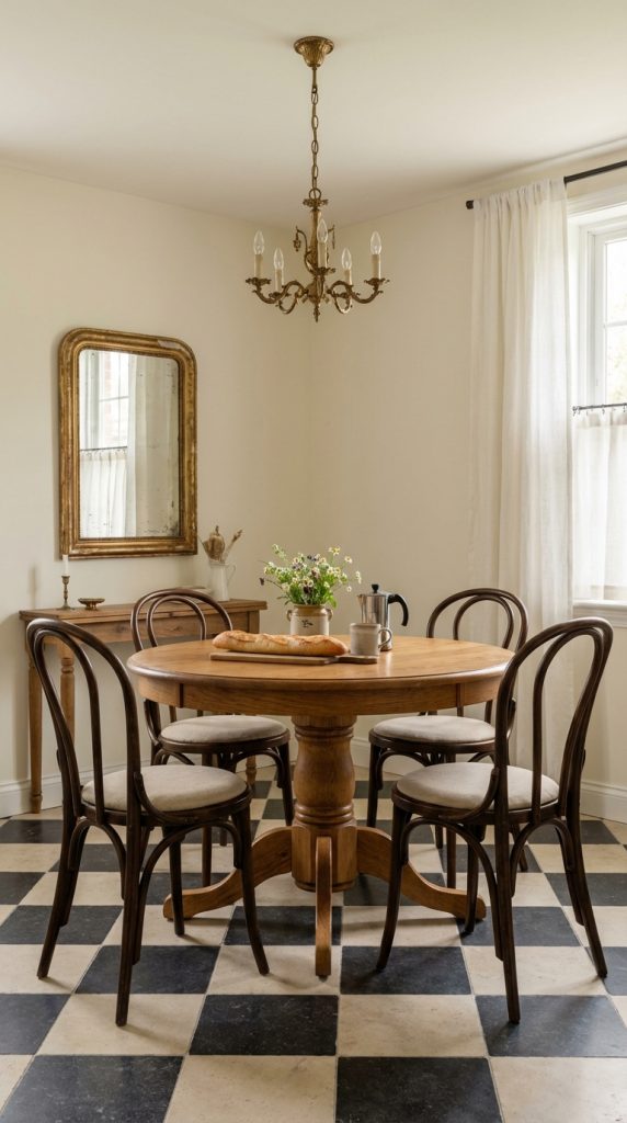 French country dining room idea featuring bentwood chairs, round wood table, black and white checkered floor, antique brass chandelier, and linen curtains.