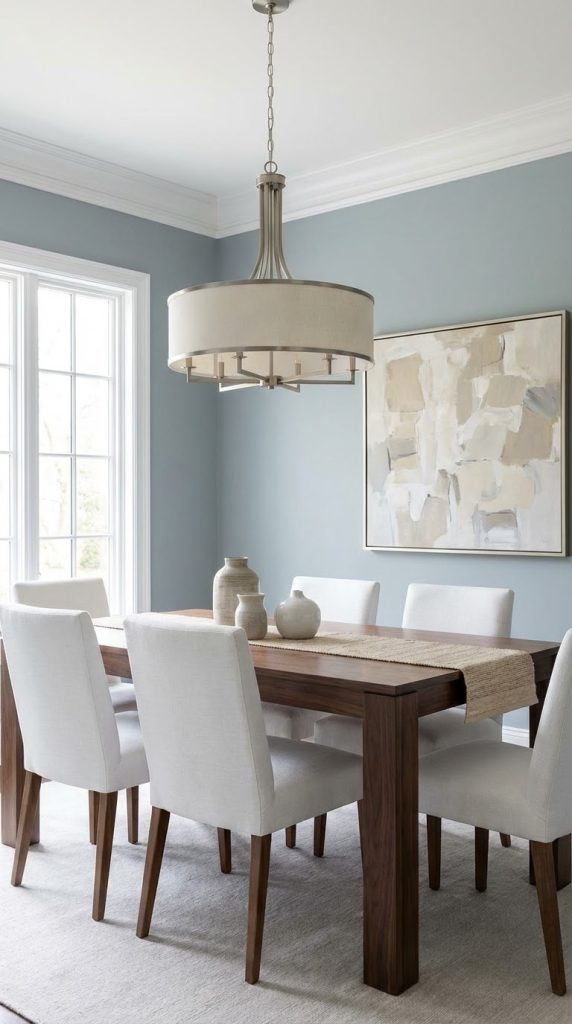 Transitional dining room idea with soft blue walls, solid walnut dining table, cream upholstered chairs, wool blend rug, linen shade drum chandelier, and neutral abstract artwork.