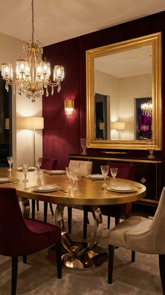 Burgundy luxe dining room showcasing glam dining room idea with gold round table, large gilded mirror, crystal chandelier, and velvet seating.