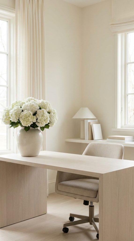 Bright transitional home office idea with white oak slab desk, beige upholstered rolling chair, oversized ceramic vase of hydrangeas, and soft linen curtains framing tall windows.