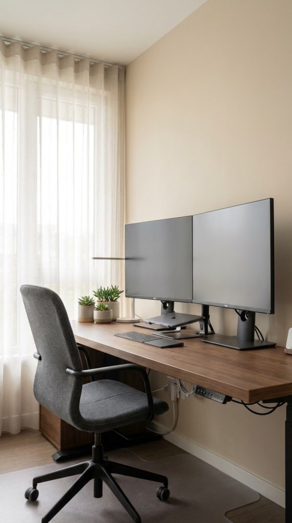 Transitional home office idea with wall-mounted walnut desk, two flat-screen monitors, gray fabric rolling chair, metal task lamp, and organized cable management.