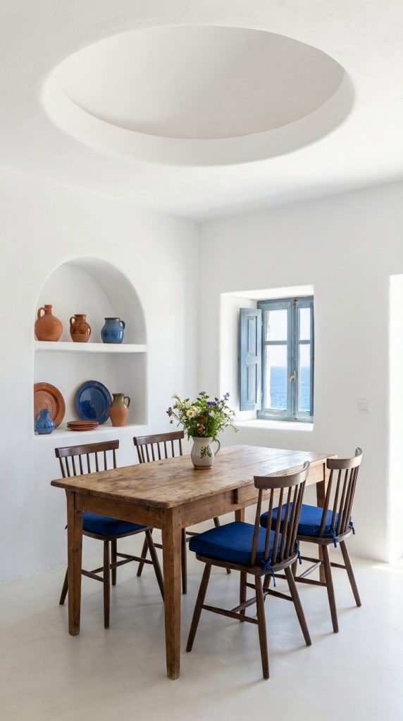 Mediterranean dining room idea featuring blue shuttered window with ocean view, white plaster walls, arched wall niches, wooden dining table, and ceramic decor.