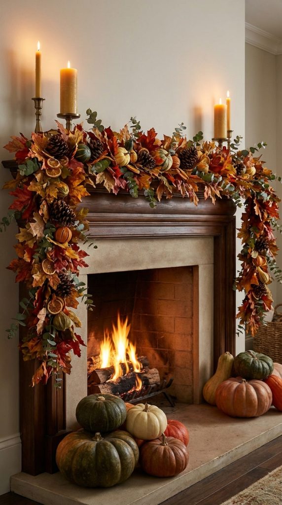 Thanksgiving mantel styling idea showcasing dramatic fall garland with red leaves, pinecones, citrus slices, and brass taper candles on a traditional wood mantel.