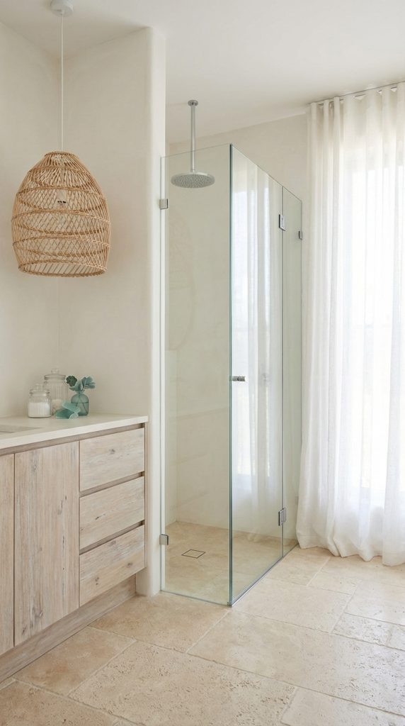 Coastal neutral bathroom idea featuring glass corner shower, rain showerhead, pale wood vanity, woven pendant light, and beige stone tile floor.