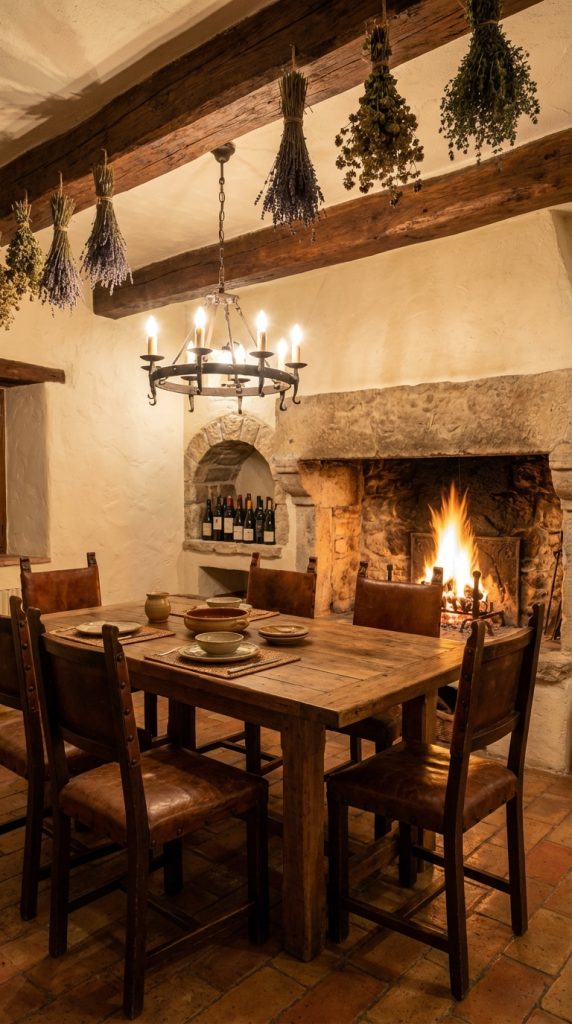 Mediterranean dining room idea with stone hearth fireplace, reclaimed wood beams, leather dining chairs, iron chandelier, and rustic wooden table.