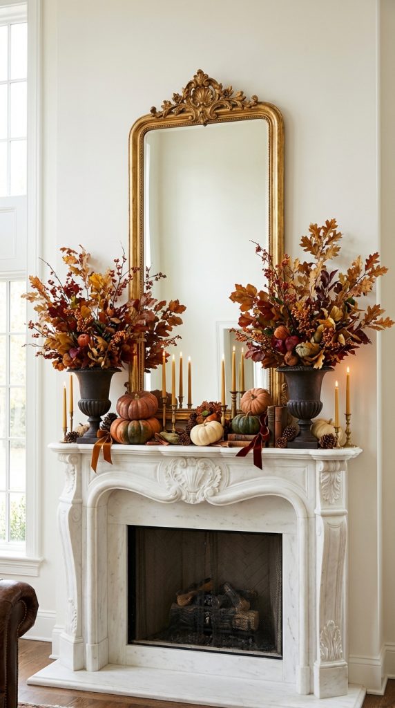 Thanksgiving mantel styling idea with carved marble fireplace, ornate gold mirror, black urns with fall foliage, brass taper candles, and layered heirloom pumpkins.
