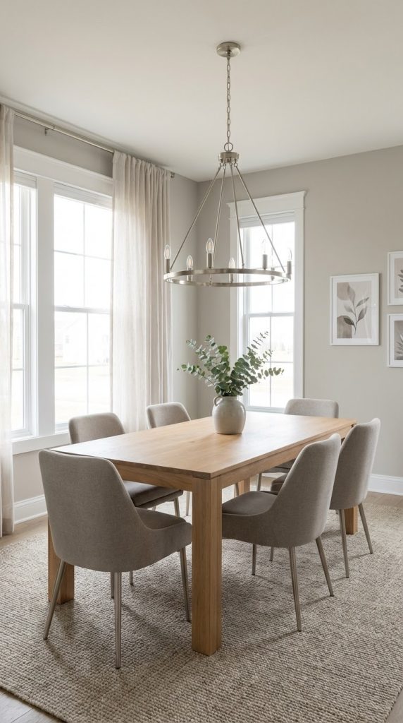 A modern dining room featuring a wooden table surrounded by six upholstered chairs, with a centerpiece of greenery in a ceramic vase. A round chandelier hangs above the table, and large windows with sheer curtains allow natural light to illuminate the neutral-toned walls.