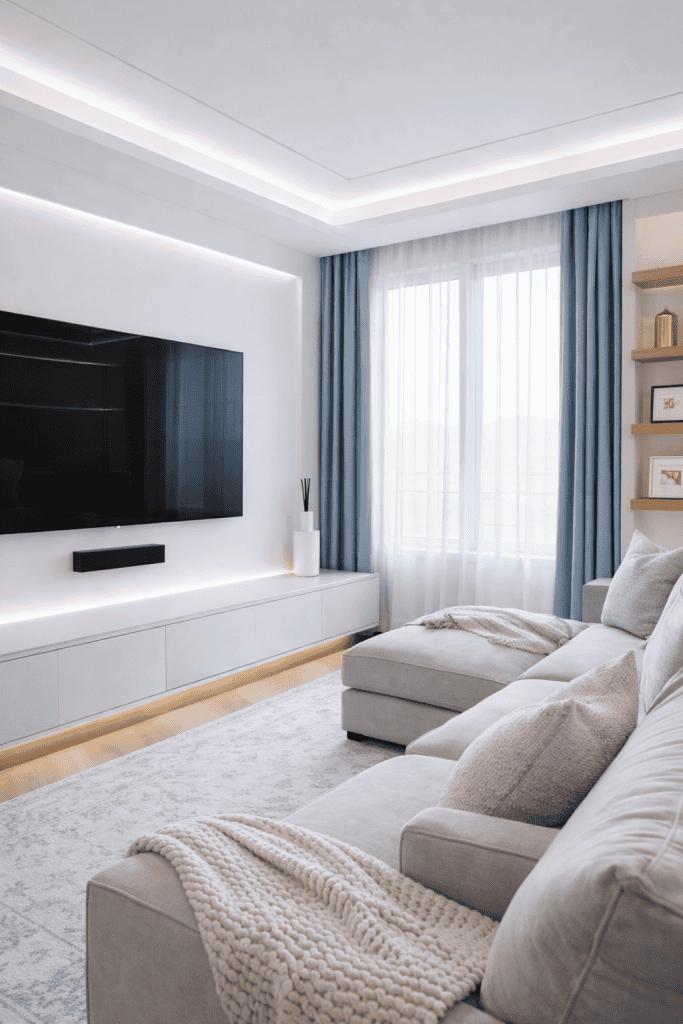 A modern living room featuring a large TV mounted on a white wall, with a minimalist media unit below. A light gray sectional sofa with textured throw pillows is positioned in front, and a cozy knitted blanket is draped over one side. Large windows with sheer curtains allow natural light to fill the space, complemented by blue drapes and a wooden shelf displaying decorative items.