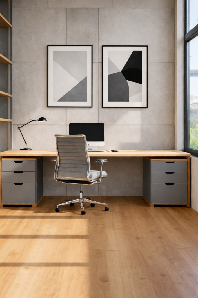 A modern office space featuring a wooden desk with a computer and ergonomic chair, flanked by gray filing cabinets. Two framed geometric artworks hang on the wall, and a desk lamp provides additional lighting.