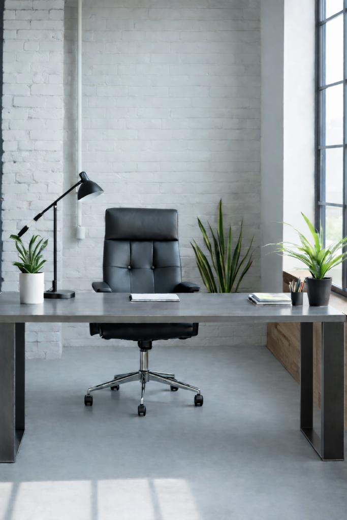 A modern office space featuring a black ergonomic chair in front of a sleek, metallic desk. A desk lamp illuminates the space alongside two potted plants. Natural light streams in from large windows, with exposed brick walls in the background.