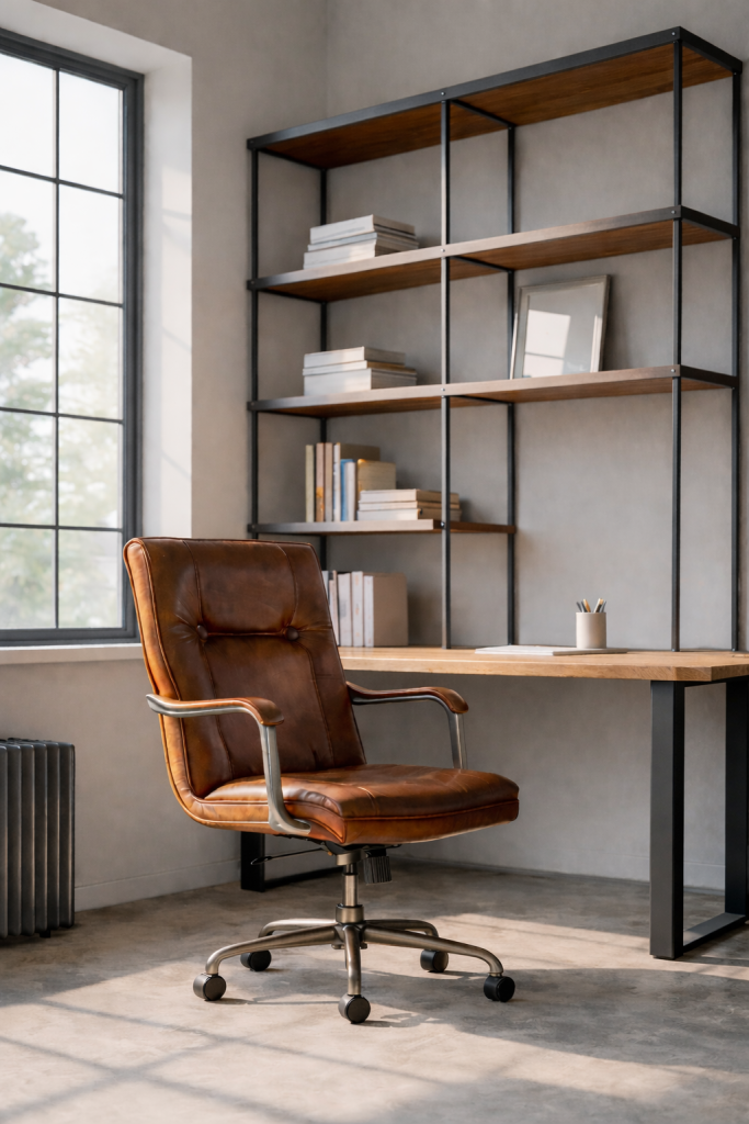 A stylish brown leather office chair on wheels is positioned in a modern workspace, adjacent to a wooden desk and a black metal shelving unit filled with books and a picture frame, with large windows allowing natural light to enter.