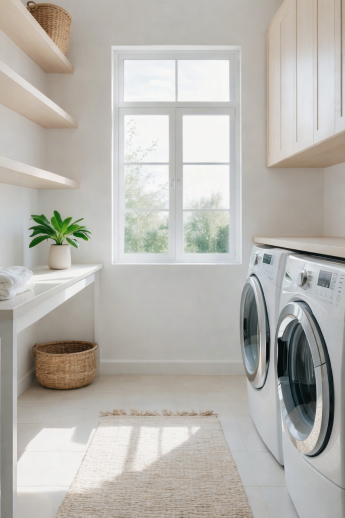 A modern laundry room featuring two white front-loading washing machines, a light wood shelf with a potted green plant, and a window allowing natural light to illuminate the space, with a woven basket and a beige rug on the floor.