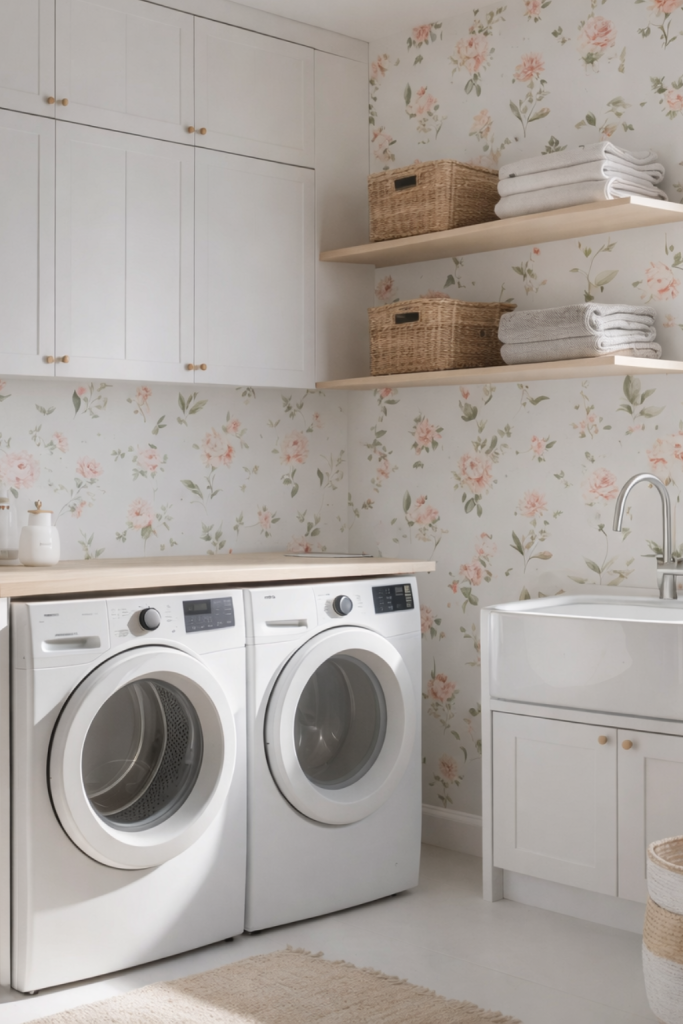A modern laundry room featuring two white front-loading washing machines side by side, a white sink with cabinet below, and light wood countertops. The walls are adorned with a floral wallpaper in soft pastel colors, complemented by floating shelves holding woven baskets and neatly folded towels.