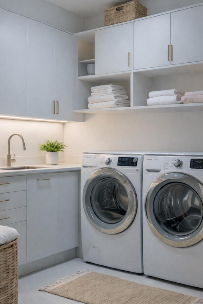 A modern laundry room featuring light gray cabinetry, a quartz countertop, and two front-loading washing machines. Above the countertop are neatly stacked white towels and a small potted plant. A woven basket sits in the corner, and a textured rug is placed on the floor.