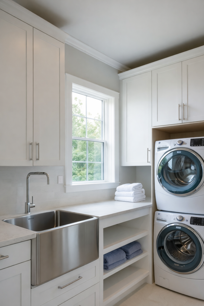 A modern laundry room featuring a stainless steel farmhouse sink, stacked washing and drying machines, and white cabinetry, with towels neatly folded on a countertop and a window providing natural light.