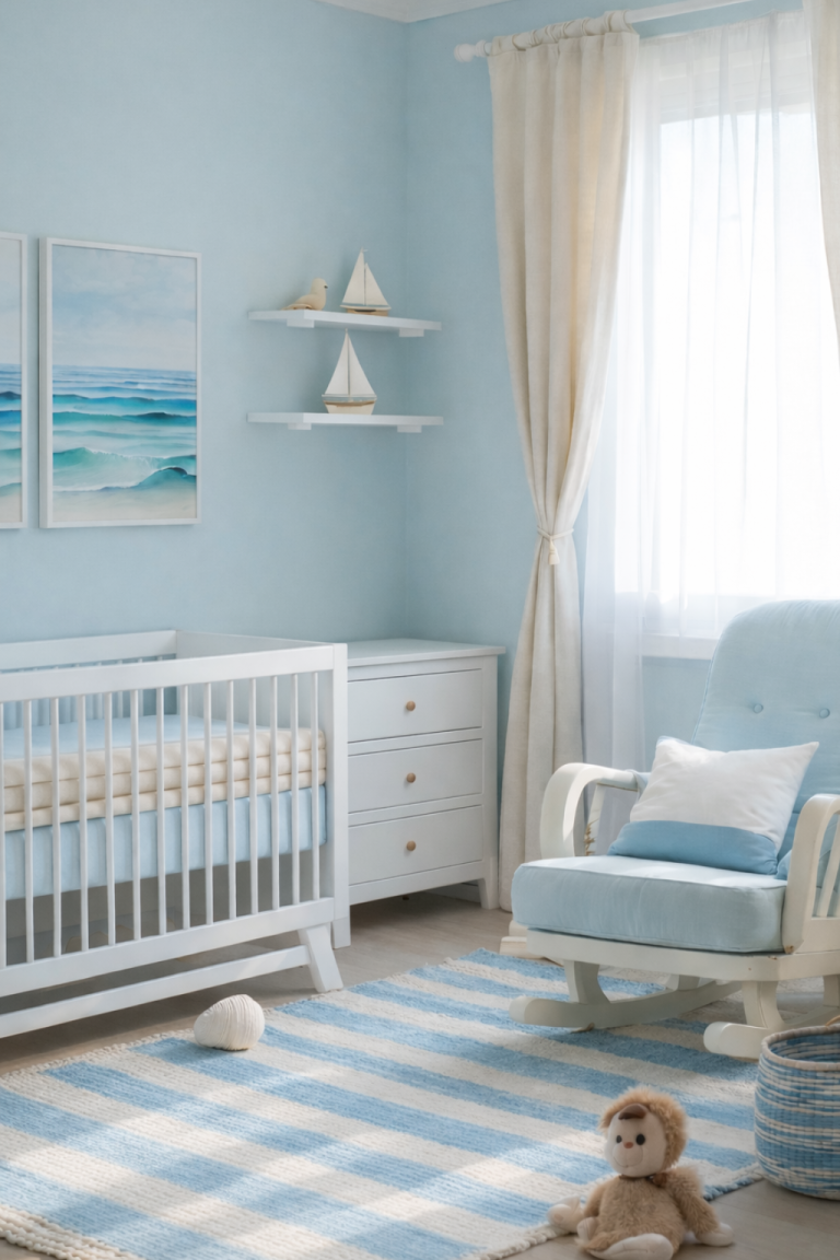 A serene nursery featuring light blue walls, a white crib with a blue mattress, a white dresser, and a cozy rocking chair. On the walls are two ocean-themed paintings and small shelves displaying decorative boats and a bird. A striped area rug in blue and cream covers the floor, with a soft stuffed lion and a small shell nearby.