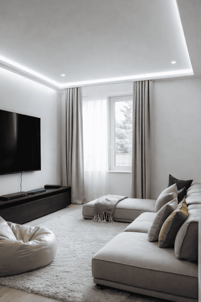A modern living room featuring a large television mounted on the wall, a plush beige rug on light wooden flooring, and a stylish sectional sofa adorned with various cushions in shades of blue, grey, and yellow. Large windows are covered with sheer white curtains, allowing natural light to illuminate the space.