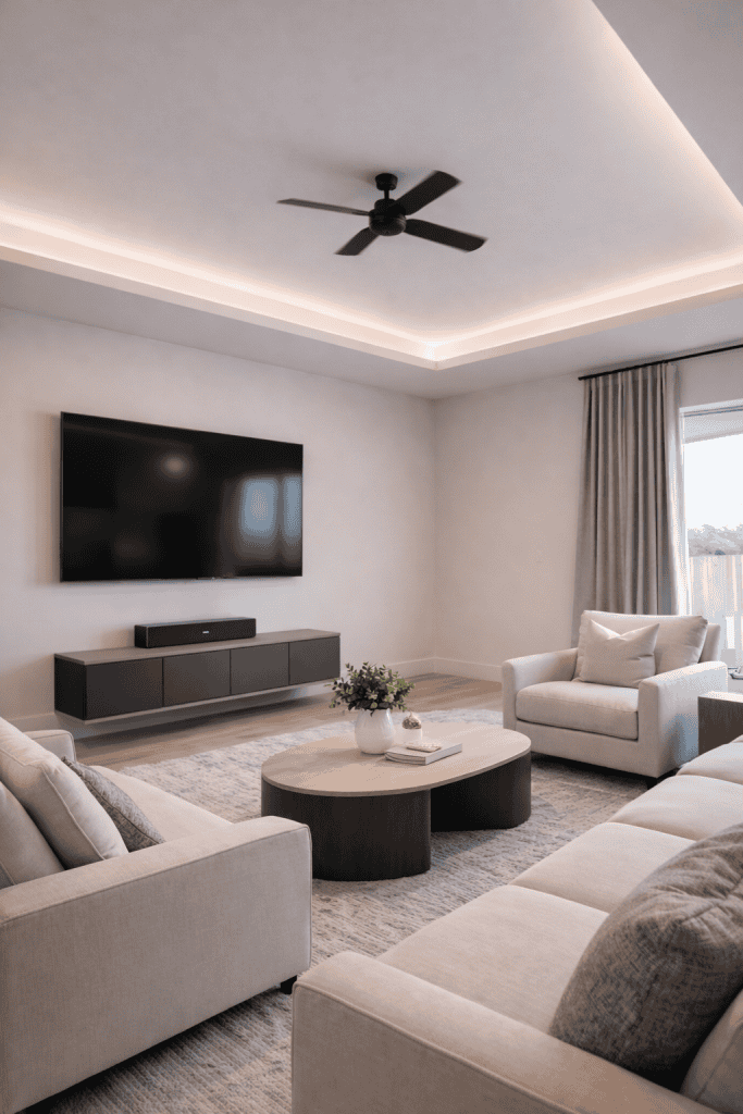 A modern living room featuring a large flat-screen TV mounted on the wall, a sleek dark wood entertainment unit below, two light-colored sofas with cushions, and a circular wooden coffee table with a decorative plant and books on top. The room has soft lighting from a ceiling fan and recessed lighting, with a view of a window partially covered by light curtains.