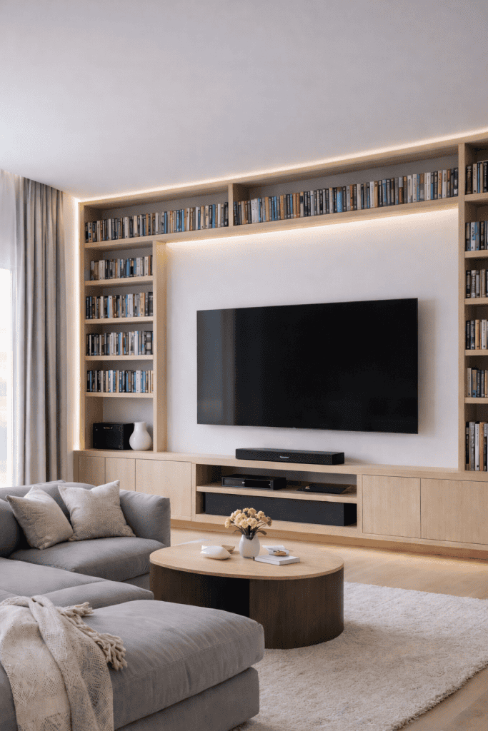 A modern living room featuring a large wall-mounted television, a wooden entertainment unit beneath it, and bookshelves filled with books. A gray sectional couch with decorative pillows and a soft throw blanket is in the foreground, along with a round wooden coffee table holding a small vase of flowers and books. Soft lighting accents the shelves, and light curtains frame a window.