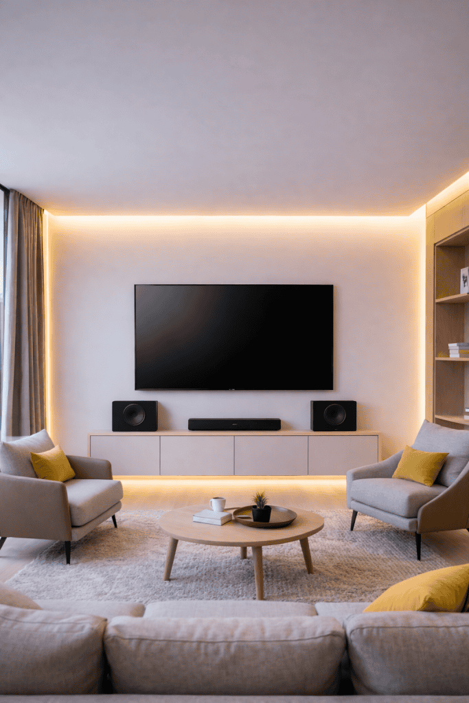 A modern living room featuring a large flat-screen TV mounted on a light-colored wall, with a minimalist media console below it. Two armchairs with yellow cushions are positioned beside a round coffee table, which holds a small potted plant and a cup. Soft lighting outlines the room, creating a cozy atmosphere.
