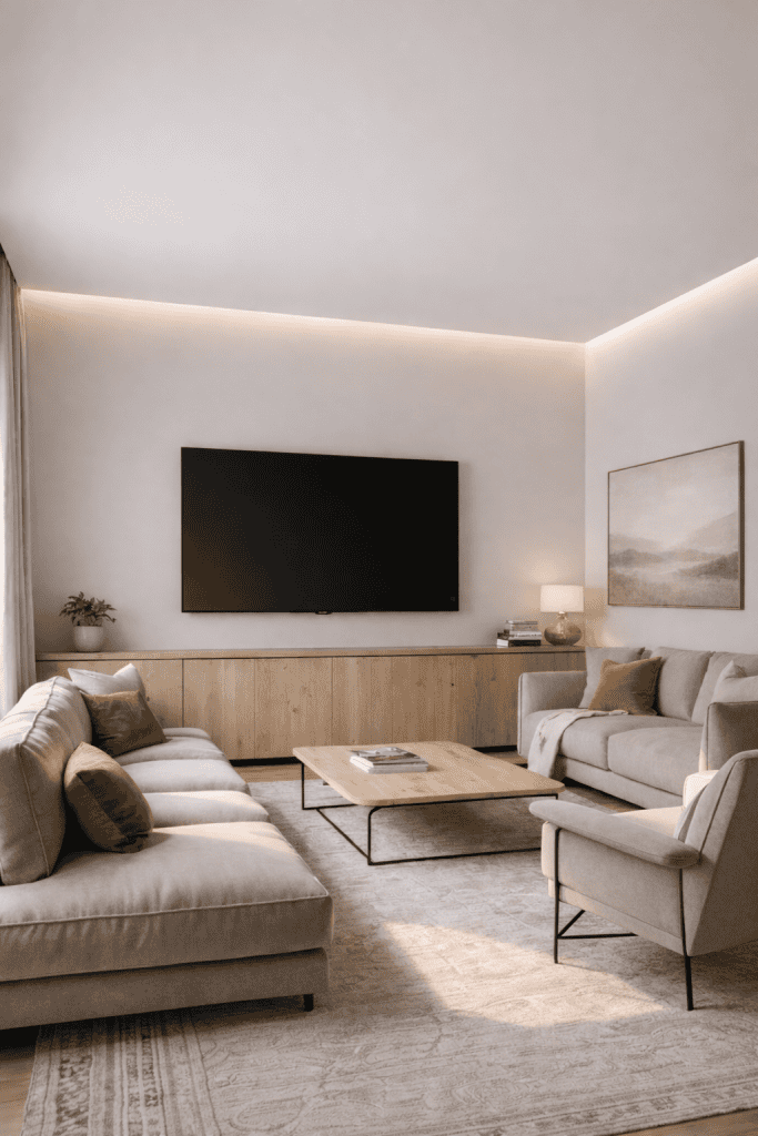 A modern living room featuring a light-colored sofa with accent pillows, an armchair, a wooden coffee table with books, and a low wooden cabinet. The wall above the cabinet holds a large flat-screen TV, and a small potted plant is placed nearby. Soft lighting highlights the neutral color palette and cozy atmosphere.