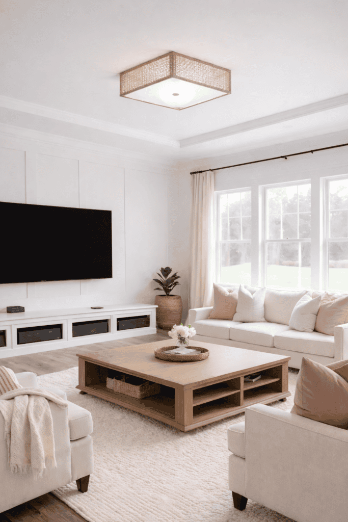 A modern living room featuring a white sectional sofa with pink and cream throw pillows, a large wooden coffee table at the center, and a plush area rug. There is a flat-screen TV mounted on the wall across from the seating area, and large windows with light curtains letting in natural light. A decorative basket plant is positioned beside the window.