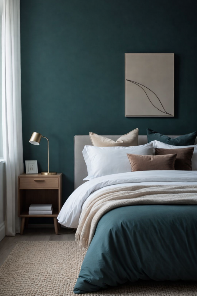 A cozy bedroom featuring a dark green accent wall, a beige upholstered bed with crisp white bedding, and a variety of decorative pillows in different colors such as brown and teal. A small wooden bedside table holds a gold lamp and a framed picture, with a light, textured area rug underfoot.