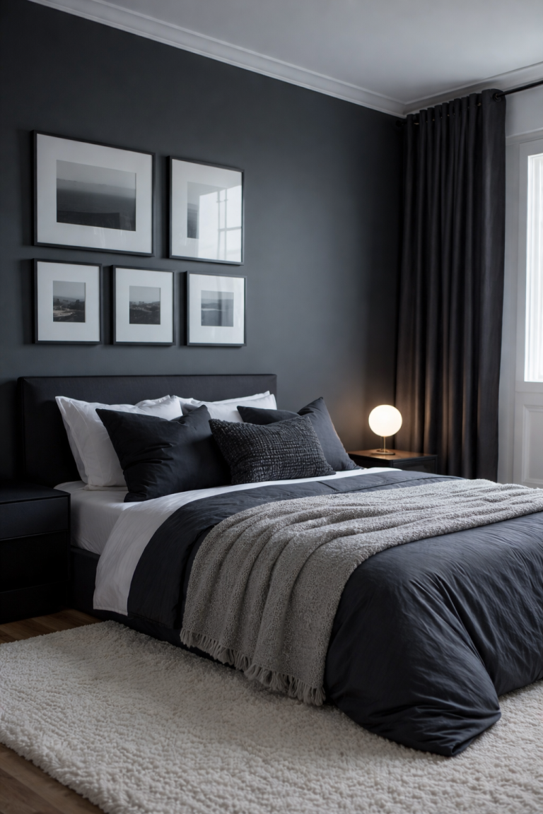 A modern bedroom featuring a dark gray accent wall, a neatly made bed with a combination of black and gray bedding, and decorative pillows. Above the bed, there are four framed black-and-white photographs. A round white lamp is placed on a nightstand beside the bed, and floor-to-ceiling dark curtains cover a window, complemented by a plush white rug on the wooden floor.