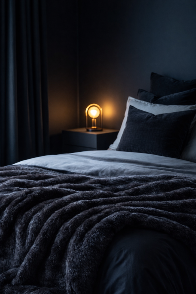 A cozy bedroom scene featuring a soft, textured dark throw blanket draped over a neatly made bed. In the background, a bedside lamp with a rounded bulb emits a warm glow, while dark curtains frame the window, creating a serene atmosphere.
