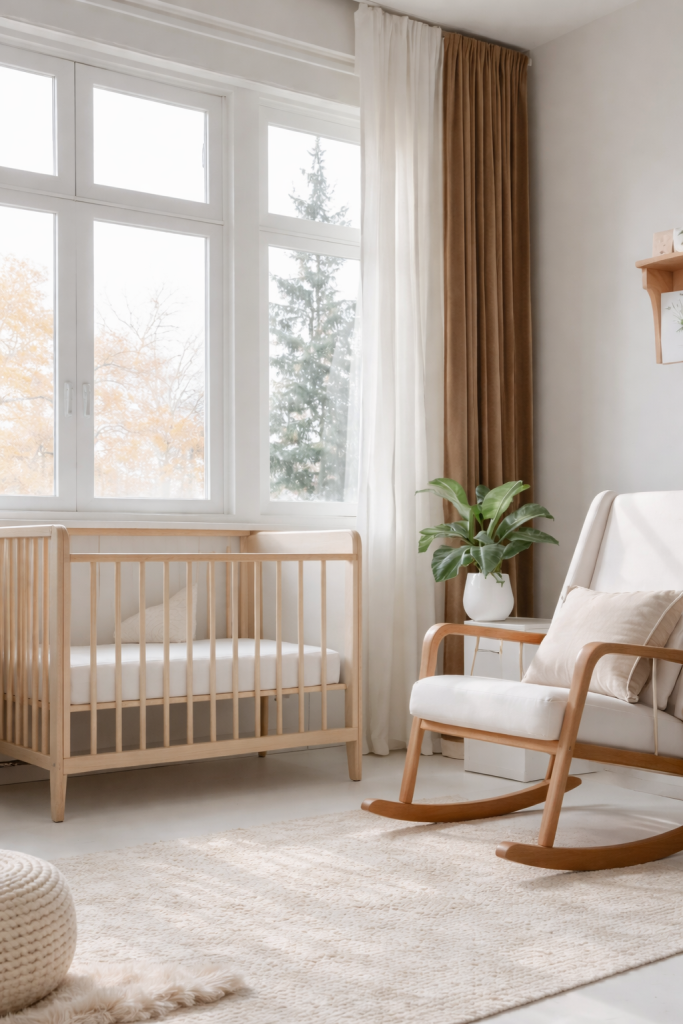 A cozy nursery featuring a wooden crib with a white mattress, a rocking chair with a pillow, and a potted plant next to a window draped with sheer and brown curtains. The room has a soft area rug on the floor, and natural light filters in, illuminating the autumn leaves outside.
