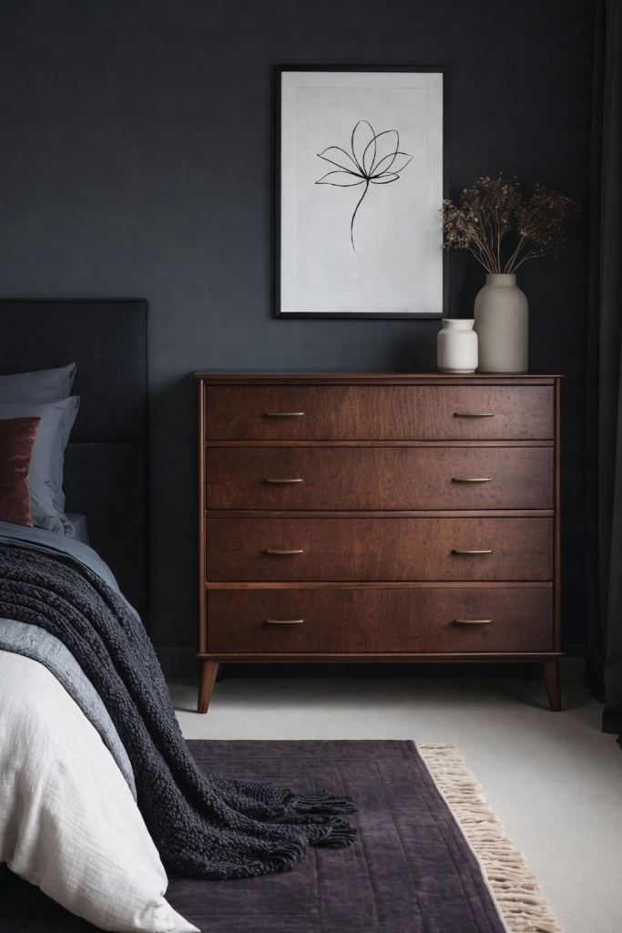A stylish bedroom scene featuring a dark wood five-drawer dresser with gold handles, a white vase holding dried flowers, and a minimalist black line drawing of a flower in a frame on the wall above. The bed has grey, blue, and burgundy pillows, and a textured black throw blanket drapes over the edge. A dark purple rug with fringed edges lies on the floor.