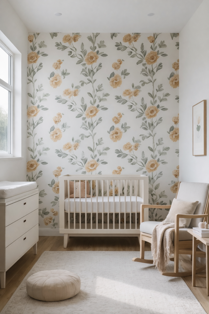 A cozy nursery featuring floral wallpaper with yellow flowers and green leaves, a white crib, a light-colored armchair with a throw blanket, a round pouf on the floor, and a chest of drawers beside a window.