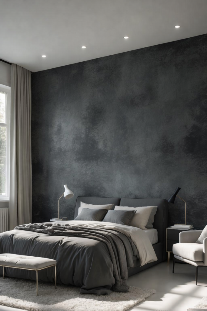 A minimalist bedroom featuring a bed with gray bedding and multiple pillows, complemented by a light gray rug. There are two bedside tables with lamps on each side, and a cozy armchair in the corner, all set against a dark textured wall.